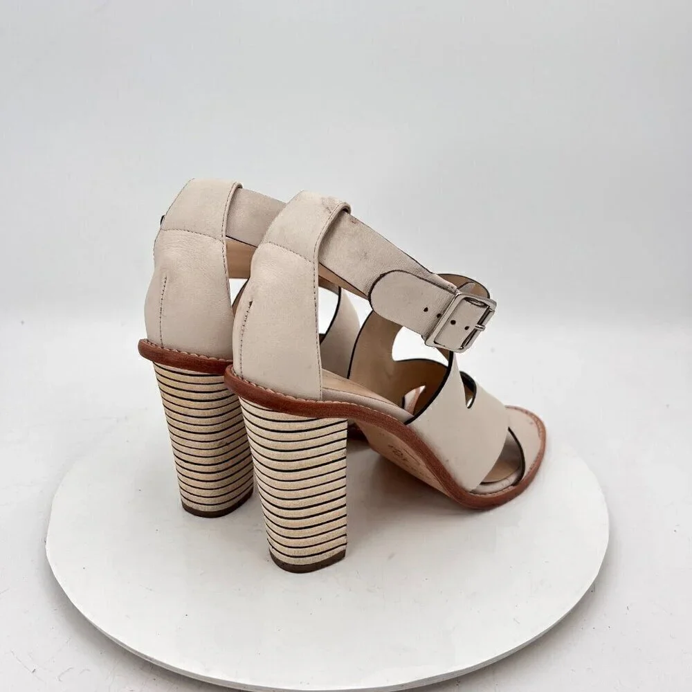 Loeffler Randall Women Size 10B Cream Beige Leather Peep Toe Buckle Heel Sandal